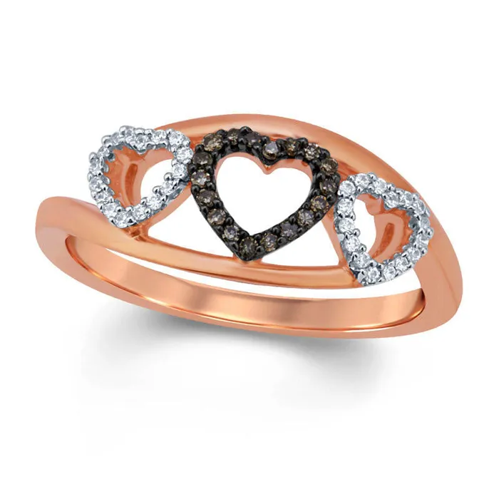 Goldia Rings 017 CT TW Champagne and White Natural Diamond Triple Heart Ring in Solid 10K Rose Gold