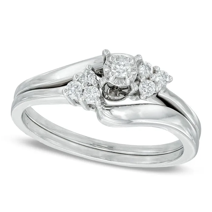 Goldia Rings 017 CT TW Natural Diamond Three Stone Slant Bridal Engagement Ring Set in Solid 10K White Gold