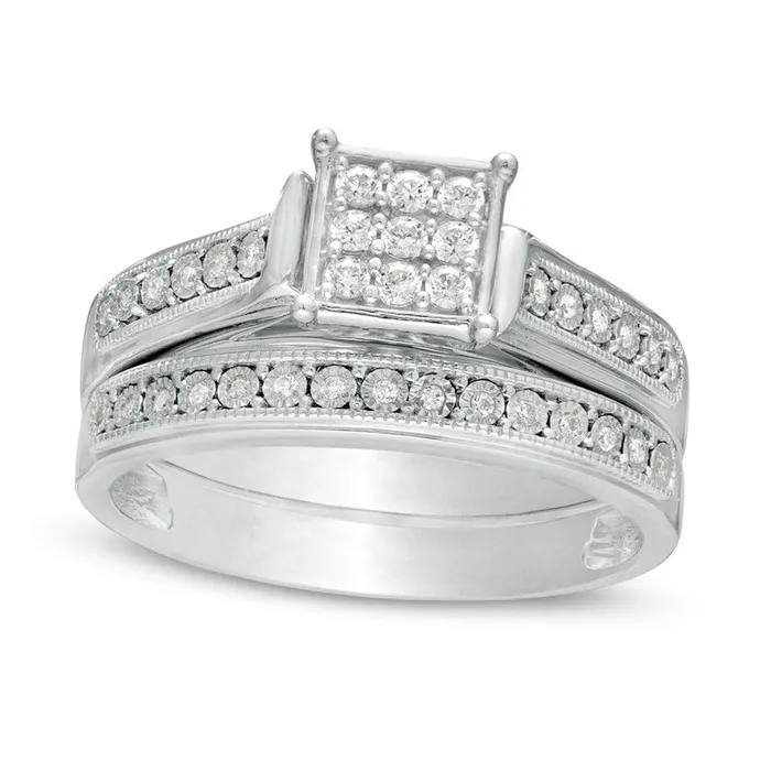 Goldia Rings 020 CT TW Composite Natural Diamond Square Frame Antique VintageStyle Bridal Engagement Ring Set in Sterling Silver