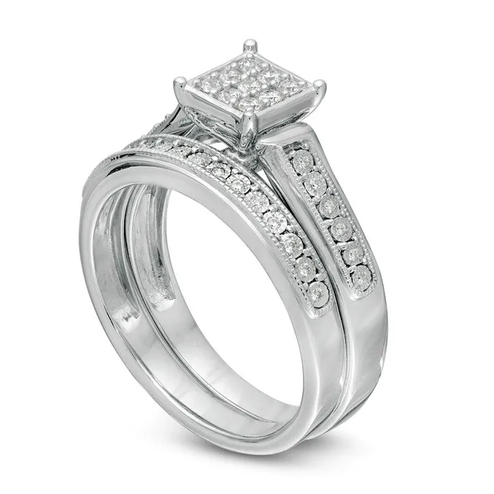 Goldia Rings 020 CT TW Composite Natural Diamond Square Frame Antique VintageStyle Bridal Engagement Ring Set in Sterling Silver