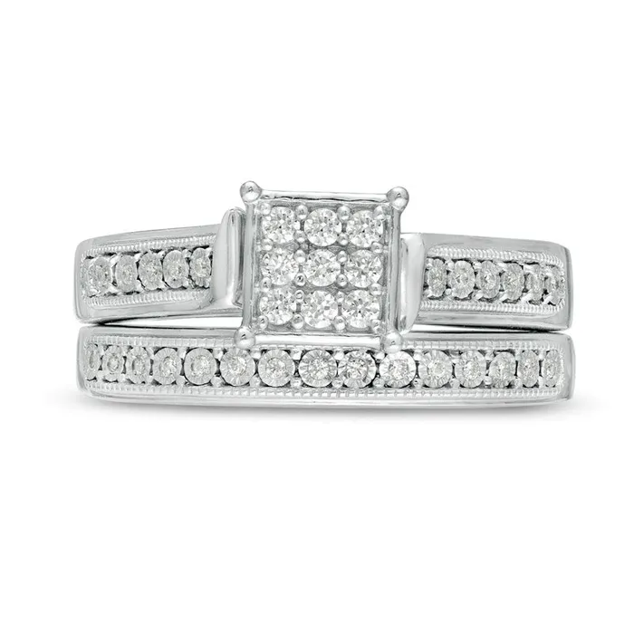 Goldia Rings 020 CT TW Composite Natural Diamond Square Frame Antique VintageStyle Bridal Engagement Ring Set in Sterling Silver