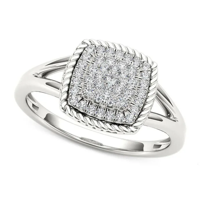 Goldia Rings 025 CT TW Composite Natural Diamond Cushion Rope Frame Ring in Solid 10K White Gold
