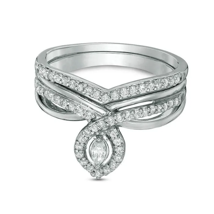 Goldia Rings 033 CT TW Marquise Natural Diamond Frame Twist Shank Bridal Engagement Ring Set in Sterling Silver