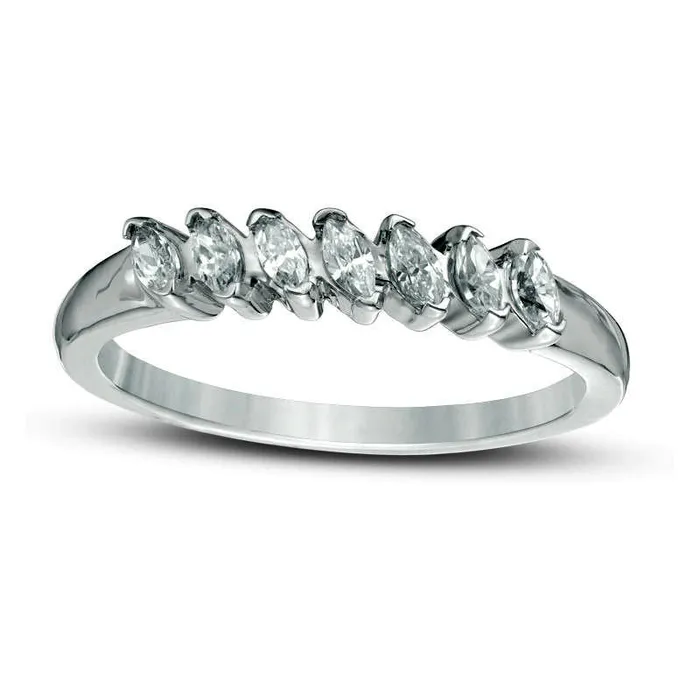 Goldia Rings 038 CT TW Marquise Natural Diamond Seven Stone Slant Anniversary Band in Solid 10K White Gold
