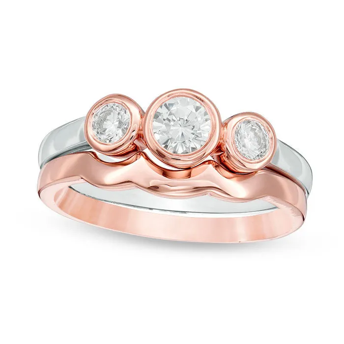 Goldia Rings 038 CT TW Natural Diamond Three Stone Bridal Engagement Ring Set in Solid 10K TwoTone Gold