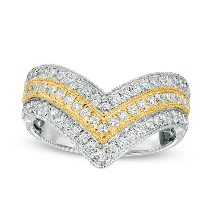 Goldia Rings 075 CT TW Natural Diamond Triple Row Chevron Band in Solid 14K TwoTone Gold
