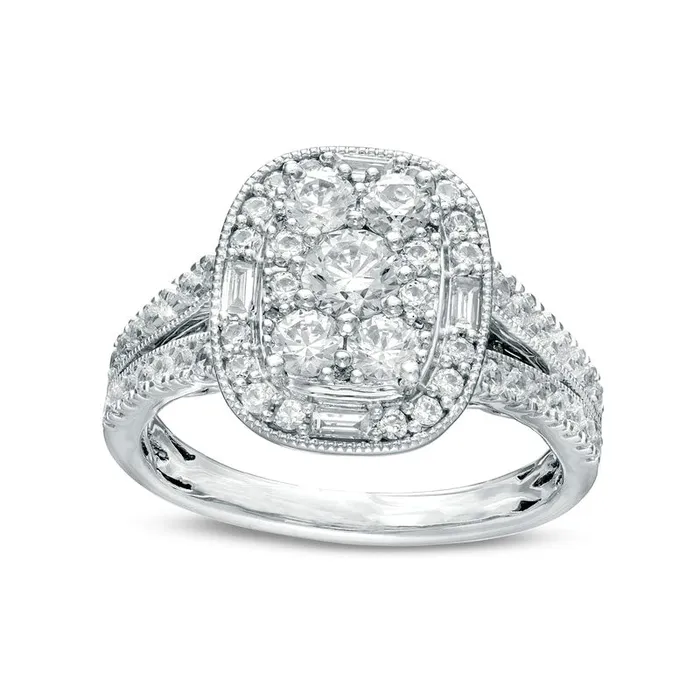 Goldia Rings 125 CT TW Natural Diamond Cushion Frame Split Shank Antique VintageStyle Engagement Ring in Solid 14K White Gold