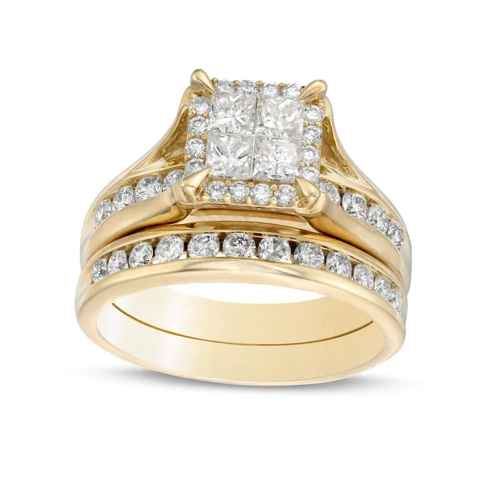 Goldia Rings 15 CT TW PrincessCut Quad Natural Diamond Frame Bridal Engagement Ring Set in Solid 14K Gold