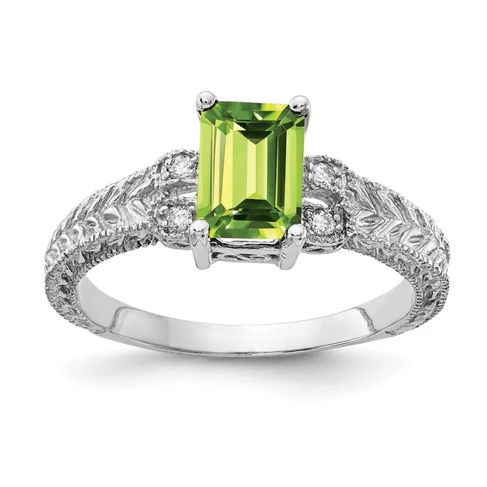 Goldia Rings 14k White Gold 7x5mm Emerald Cut Peridot AA Diamond ring
