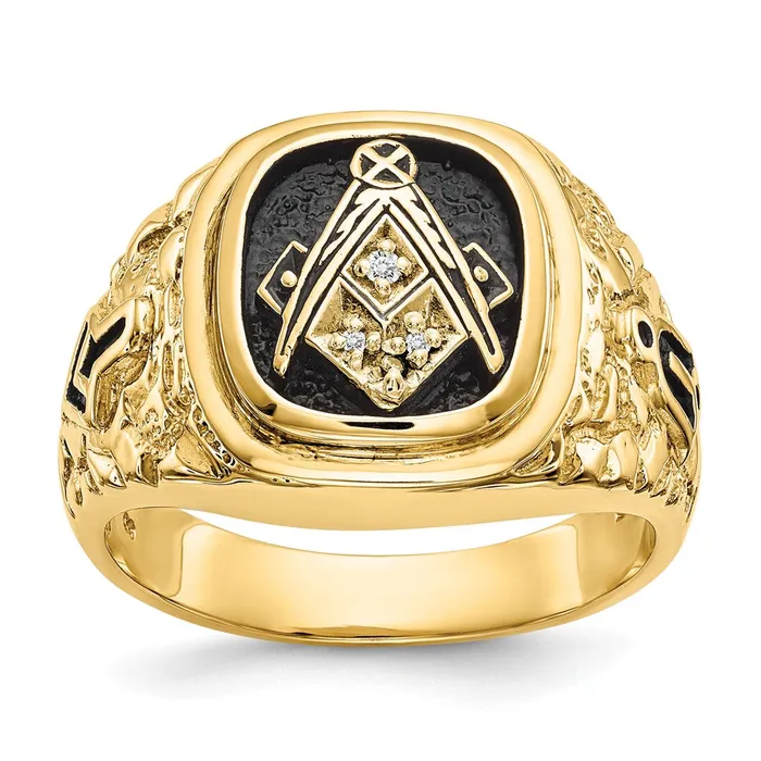 Goldia Rings 14k Yellow Gold Polished Antiqued and Nugget Texture AA Quality Diamond Masonic Ring