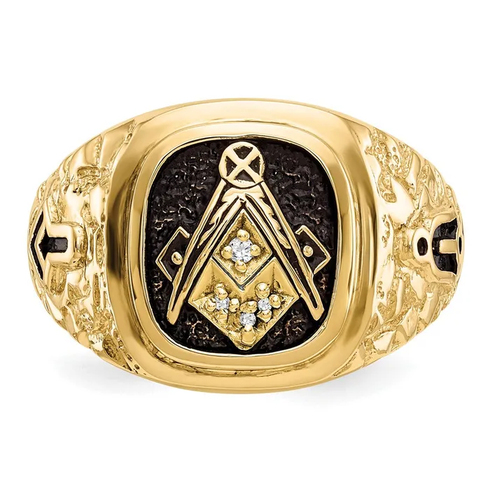 Goldia Rings 14k Yellow Gold Polished Antiqued and Nugget Texture AA Quality Diamond Masonic Ring
