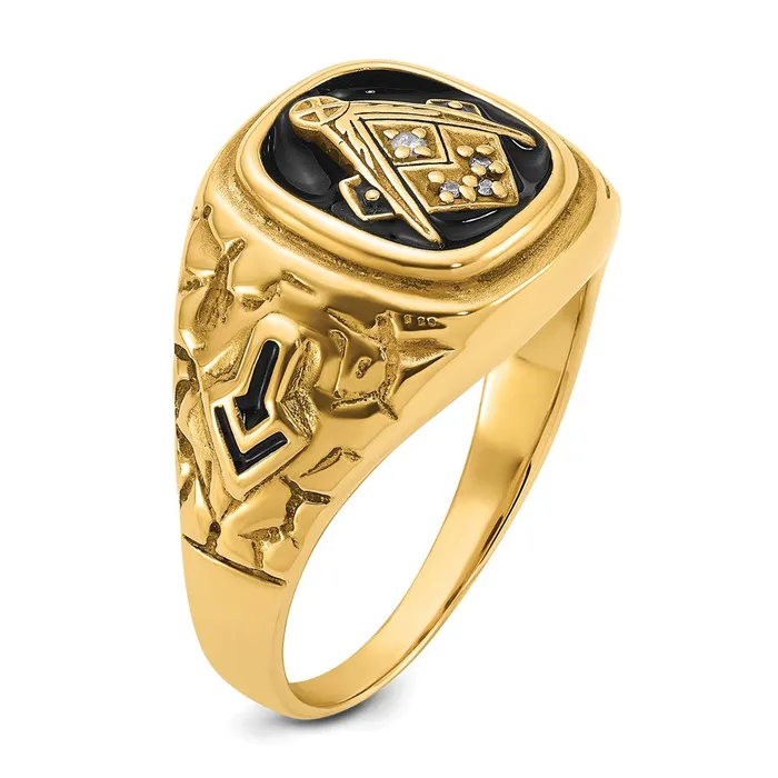 Goldia Rings 14k Yellow Gold Polished Antiqued and Nugget Texture AA Quality Diamond Masonic Ring