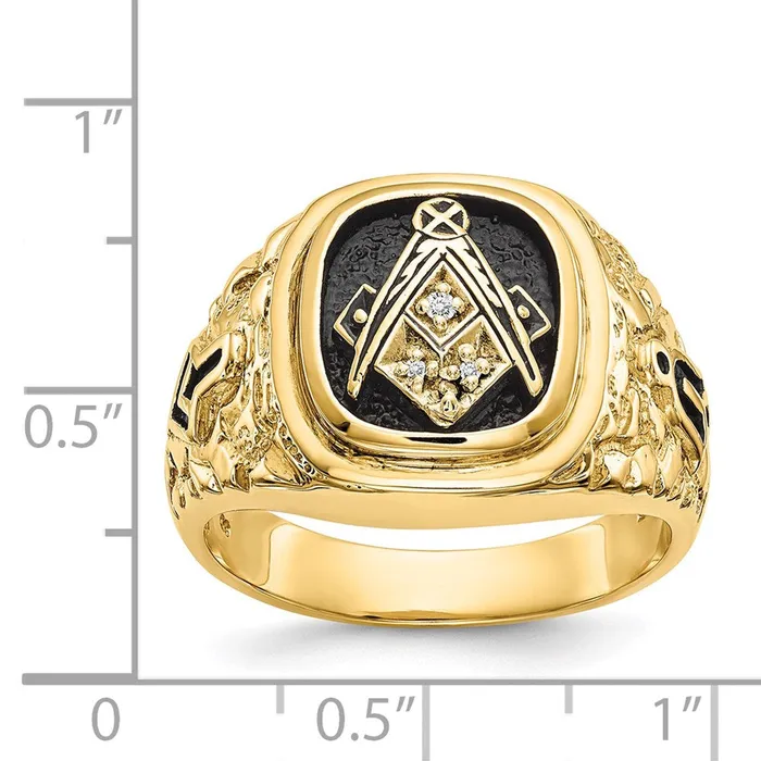 Goldia Rings 14k Yellow Gold Polished Antiqued and Nugget Texture AA Quality Diamond Masonic Ring