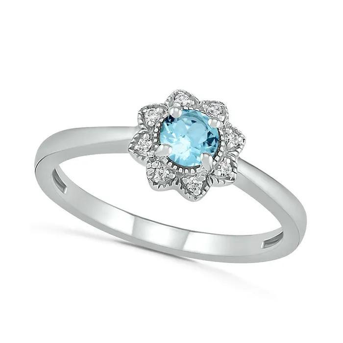Goldia Rings 40mm Aquamarine and 005 CT TW Natural Diamond Antique VintageStyle Flower Ring in Sterling Silver
