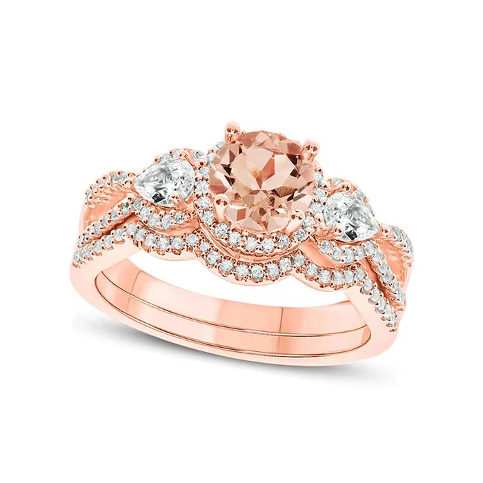 Goldia Rings 60mm Morganite White Topaz and 033 CT TW Natural Diamond Frame Three Stone Bridal Engagement Ring Set in Solid 10K Rose Gold