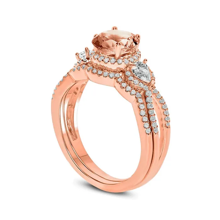 Goldia Rings 60mm Morganite White Topaz and 033 CT TW Natural Diamond Frame Three Stone Bridal Engagement Ring Set in Solid 10K Rose Gold Goldia Rings 60mm Morganite White Topaz and 033 CT TW Natural Diamond Frame Three Stone Bridal Engagement Ring Set in Solid 10K Rose Gold