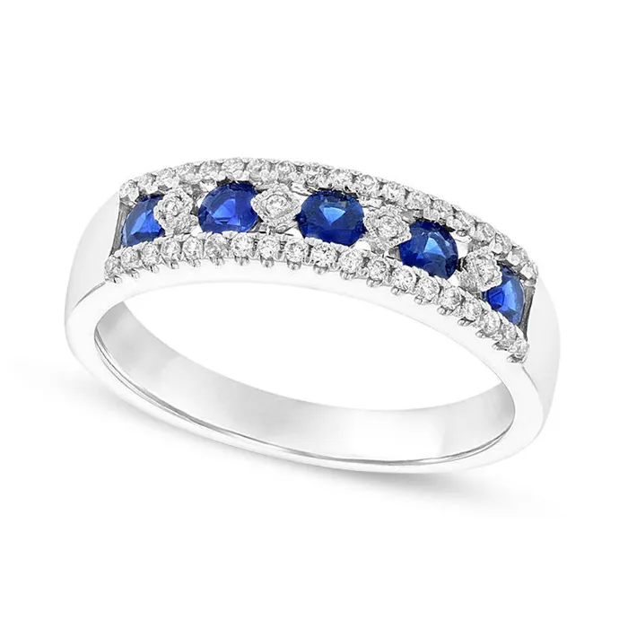 Goldia Rings Blue Sapphire and 017 CT TW Natural Diamond Five Stone Art Deco Band in Solid 14K White Gold