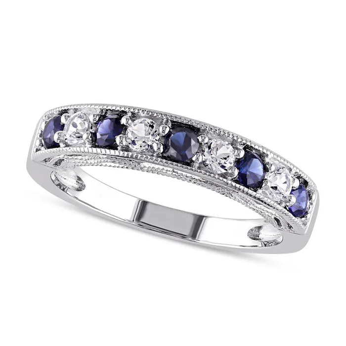 Goldia Rings LabCreated Blue and White Sapphire Antique VintageStyle Stackable Band in Sterling Silver