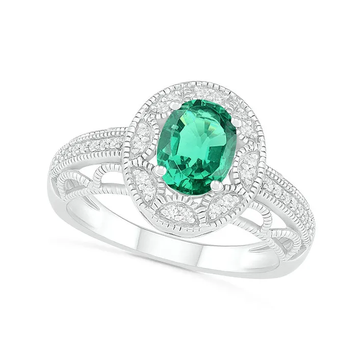 Goldia Rings Oval LabCreated Emerald and White Sapphire Frame Scallop Border Shank Antique VintageStyle Ring in Sterling Silver