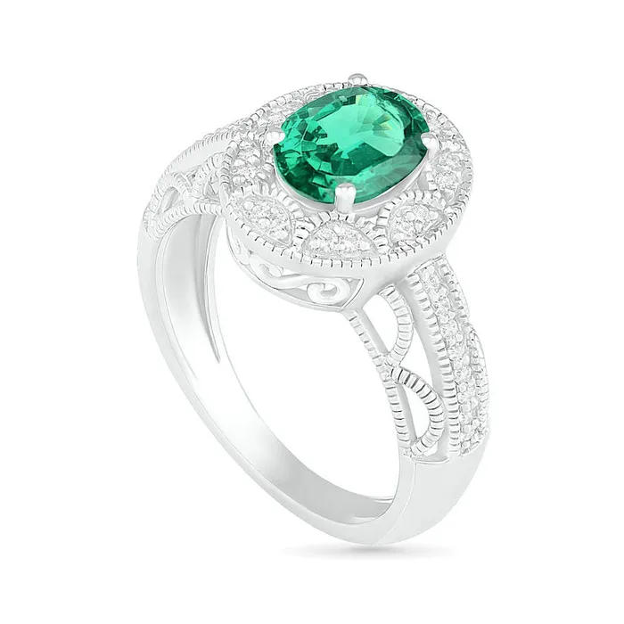 Goldia Rings Oval LabCreated Emerald and White Sapphire Frame Scallop Border Shank Antique VintageStyle Ring in Sterling Silver Goldia Rings Oval LabCreated Emerald and White Sapphire Frame Scallop Border Shank Antique VintageStyle Ring in Sterling Silver