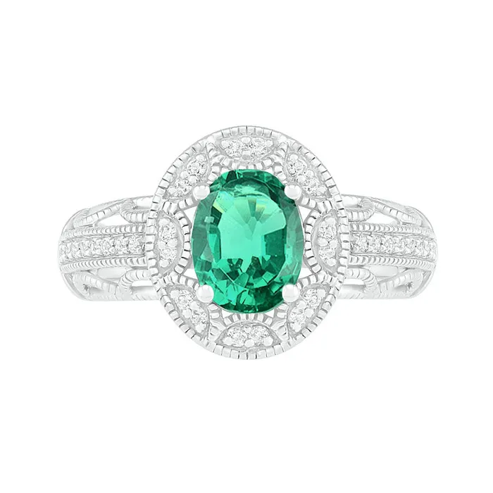 Goldia Rings Oval LabCreated Emerald and White Sapphire Frame Scallop Border Shank Antique VintageStyle Ring in Sterling Silver Goldia Rings Oval LabCreated Emerald and White Sapphire Frame Scallop Border Shank Antique VintageStyle Ring in Sterling Silver