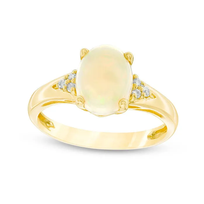 Goldia Rings Oval Opal and Natural Diamond Accent TriSides Ring in Solid 14K Gold