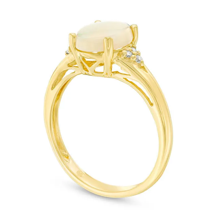Goldia Rings Oval Opal and Natural Diamond Accent TriSides Ring in Solid 14K Gold