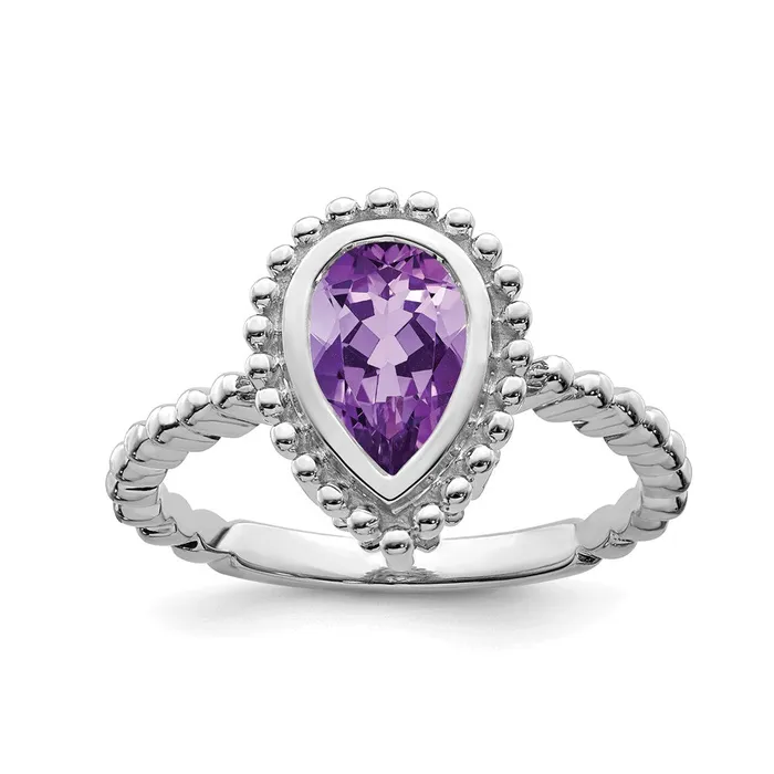 Goldia Rings Solid 14k White Gold Pear Simulated Amethyst Ring
