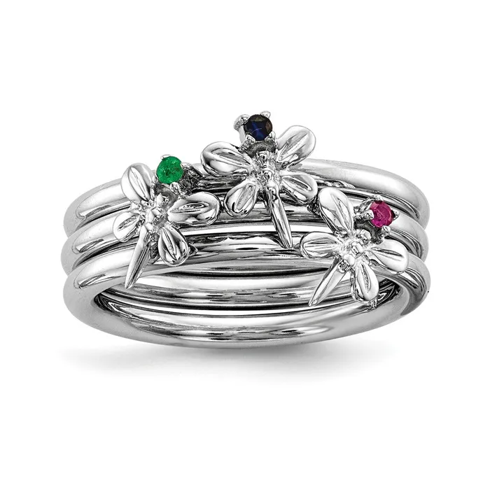 Goldia Rings Sterling Silver Rhodiumplate Set of 3 Sapphire Ruby Emerald Rings