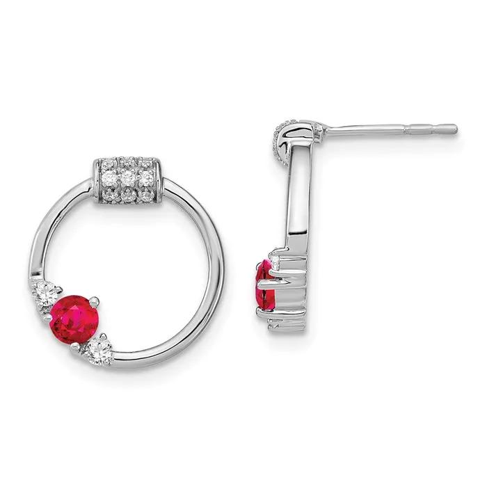Goldia Solid 14k White Gold Simulated CZ and Ruby Circle Post Earrings Earrings