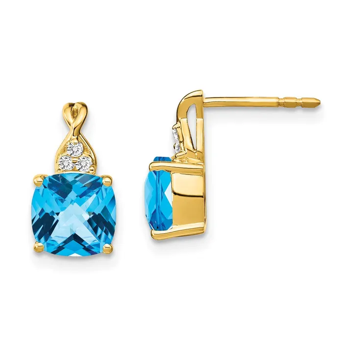 Goldia Solid 14k Yellow Gold ChecKerboard Simulated Blue Topaz and CZ Earrings Earrings