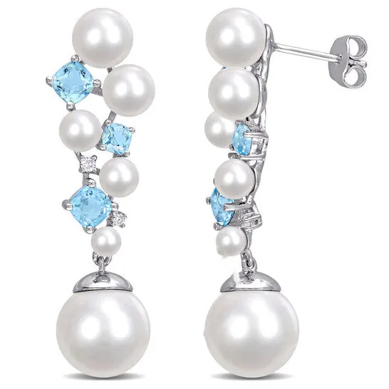 JMS always Earrings Original AMOUR Cultured Freshwater Pearl and Swiss Blue Topaz and Diamond Accent Cluster Drop Earrings In Sterling Silver JMS always Earrings Original AMOUR Cultured Freshwater Pearl and Swiss Blue Topaz and Diamond Accent Cluster Drop Earrings In Sterling Silver