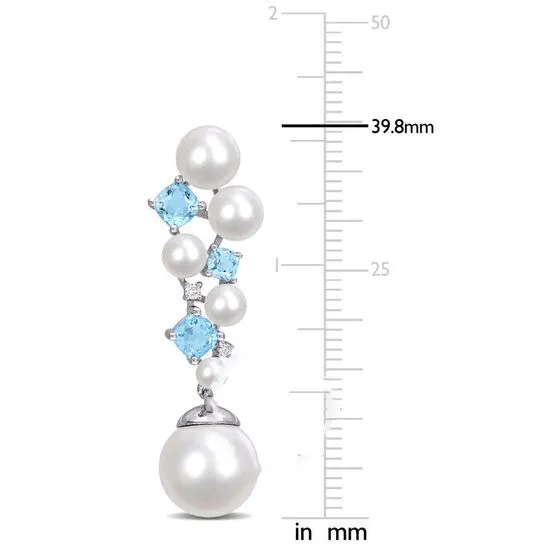 JMS always Earrings Original AMOUR Cultured Freshwater Pearl and Swiss Blue Topaz and Diamond Accent Cluster Drop Earrings In Sterling Silver JMS always Earrings Original AMOUR Cultured Freshwater Pearl and Swiss Blue Topaz and Diamond Accent Cluster Drop Earrings In Sterling Silver