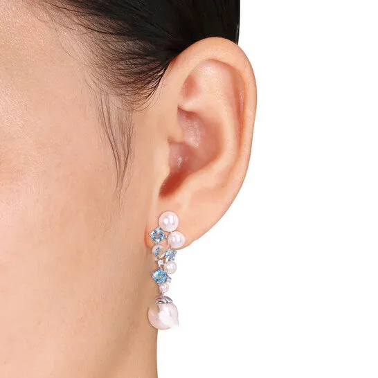 JMS always Earrings Original AMOUR Cultured Freshwater Pearl and Swiss Blue Topaz and Diamond Accent Cluster Drop Earrings In Sterling Silver JMS always Earrings Original AMOUR Cultured Freshwater Pearl and Swiss Blue Topaz and Diamond Accent Cluster Drop Earrings In Sterling Silver
