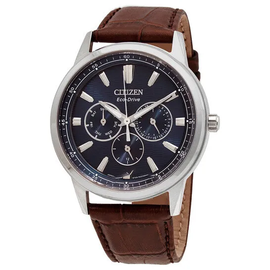 JMS always Watches Original Citizen EcoDrive Blue Dial Brown Leather Mens Watch BU207110L