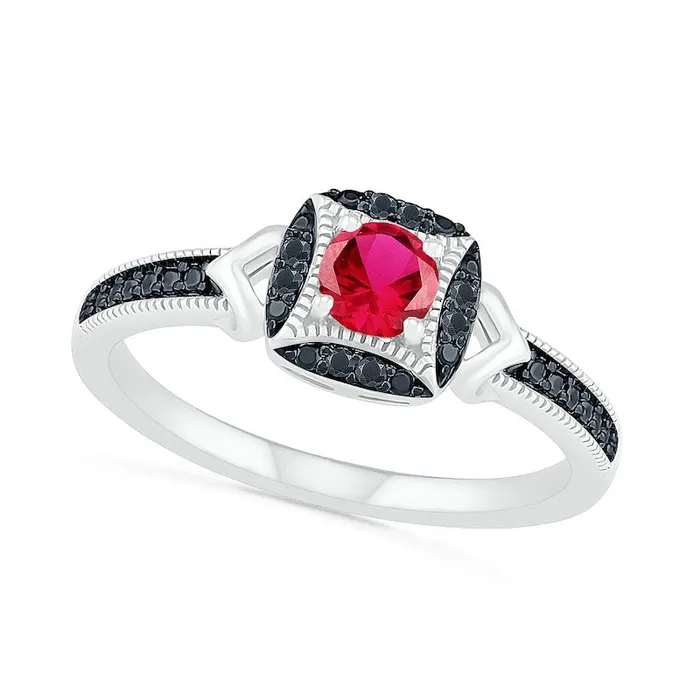 LabCreated Ruby and 005 CT TW Enhanced Black Diamond Cushion Frame Chevron Antique VintageStyle Ring in Sterling Silver Goldia Rings