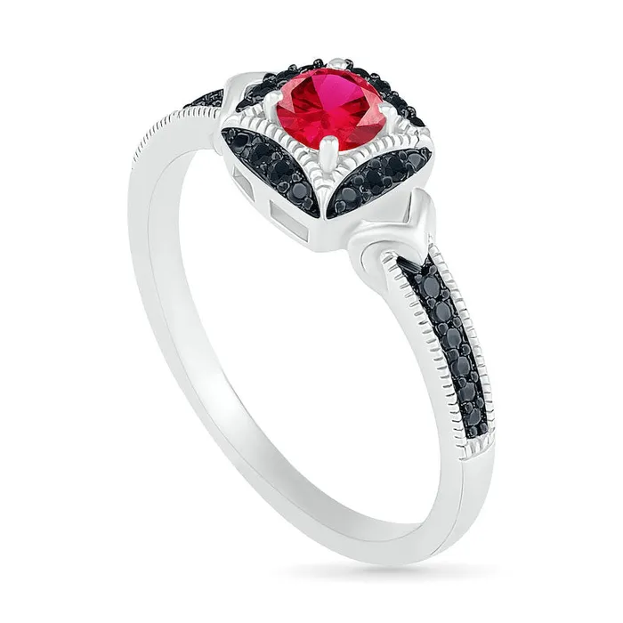 LabCreated Ruby and 005 CT TW Enhanced Black Diamond Cushion Frame Chevron Antique VintageStyle Ring in Sterling Silver Goldia Rings LabCreated Ruby and 005 CT TW Enhanced Black Diamond Cushion Frame Chevron Antique VintageStyle Ring in Sterling Silver Goldia Rings