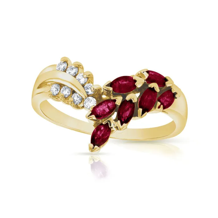 Marquise Ruby and 010 CT TW Natural Diamond Leaf Branch Chevron Ring in Solid 14K Gold Goldia Rings