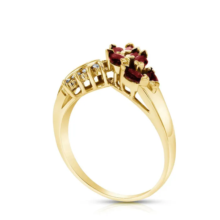 Marquise Ruby and 010 CT TW Natural Diamond Leaf Branch Chevron Ring in Solid 14K Gold Goldia Rings Marquise Ruby and 010 CT TW Natural Diamond Leaf Branch Chevron Ring in Solid 14K Gold Goldia Rings