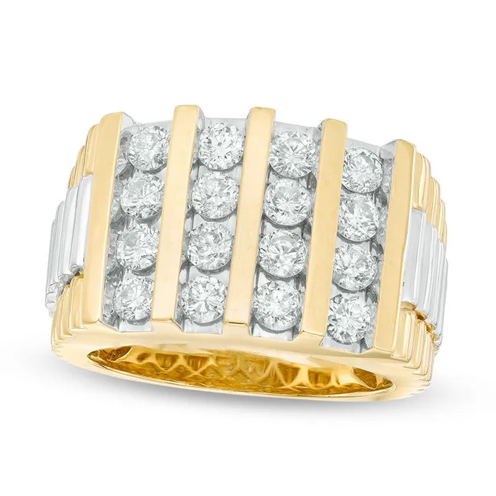 Mens 20 CT TW Natural Diamond Vertical Four Row Stepped Shank Ring in Solid 14K TwoTone Gold Goldia Rings