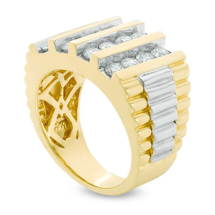 Mens 20 CT TW Natural Diamond Vertical Four Row Stepped Shank Ring in Solid 14K TwoTone Gold Goldia Rings Mens 20 CT TW Natural Diamond Vertical Four Row Stepped Shank Ring in Solid 14K TwoTone Gold Goldia Rings