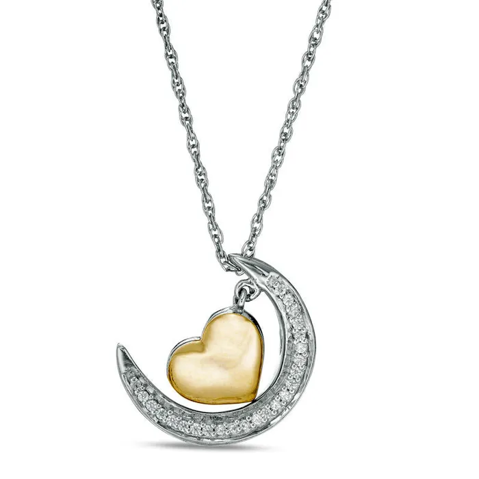 Necklaces 007 CT TW Natural Diamond Crescent Moon and Heart Dangle Love Message Pendant in Sterling Silver and 10K Yellow Gold Goldia Necklaces 007 CT TW Natural Diamond Crescent Moon and Heart Dangle Love Message Pendant in Sterling Silver and 10K Yellow Gold Goldia