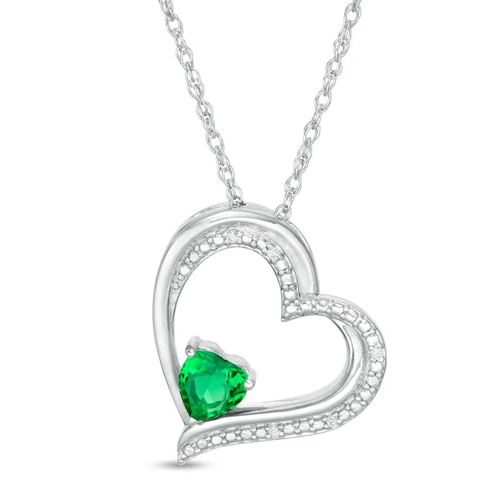 Necklaces Goldia 50mm HeartShaped LabCreated Emerald and Diamond Accent Tilted Heart Pendant in Sterling Silver