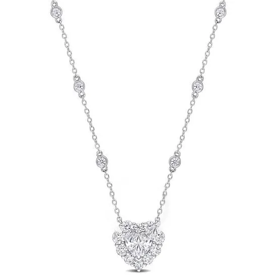 Necklaces JMS always Original AMOUR 207 CT DEW Heart Shape Created Moissanite Halo Station Necklace In Sterling Silver 18in 2in Extender