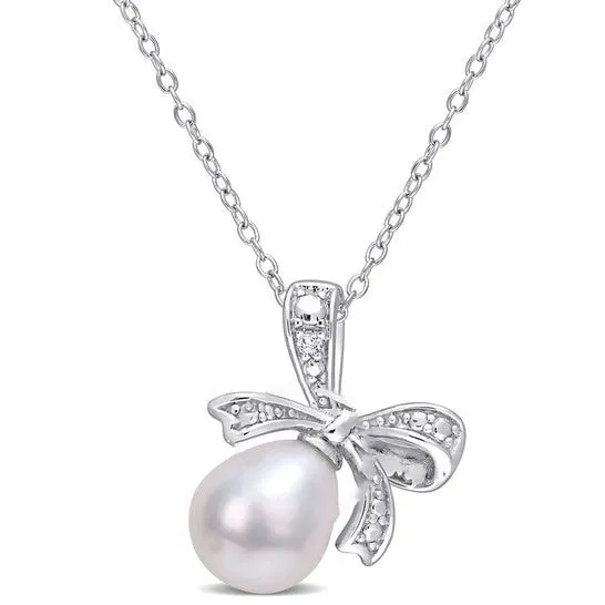 Necklaces JMS always Original AMOUR 859mm Freshwater Cultured Pearl and Diamond Accent Bow Pendant with Chain In Sterling Silver