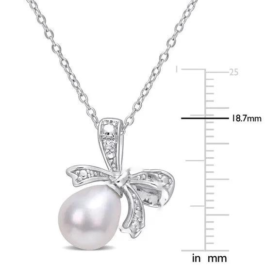 Necklaces JMS always Original AMOUR 859mm Freshwater Cultured Pearl and Diamond Accent Bow Pendant with Chain In Sterling Silver Necklaces JMS always Original AMOUR 859mm Freshwater Cultured Pearl and Diamond Accent Bow Pendant with Chain In Sterling Silver
