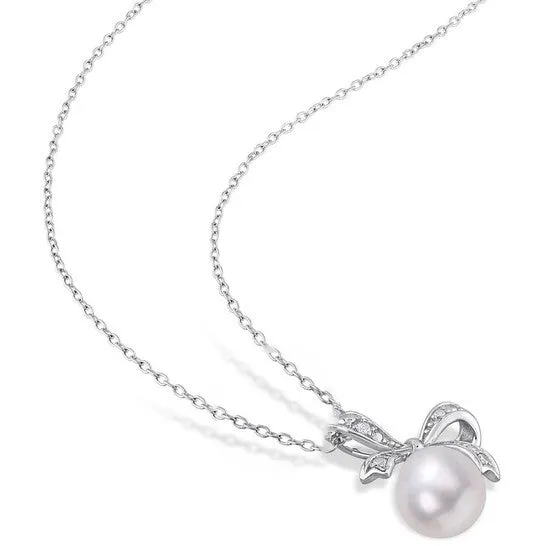 Necklaces JMS always Original AMOUR 859mm Freshwater Cultured Pearl and Diamond Accent Bow Pendant with Chain In Sterling Silver Necklaces JMS always Original AMOUR 859mm Freshwater Cultured Pearl and Diamond Accent Bow Pendant with Chain In Sterling Silver