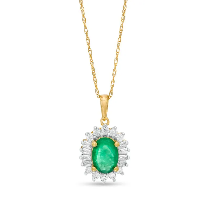 Necklaces Oval Emerald and 02 CT TW Baguette and Round Natural Diamond Starburst Frame Pendant in 10K Yellow Gold Goldia Necklaces Oval Emerald and 02 CT TW Baguette and Round Natural Diamond Starburst Frame Pendant in 10K Yellow Gold Goldia