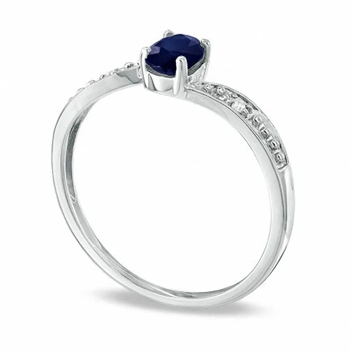 Oval Blue Sapphire and Natural Diamond Accent Engagement Ring in Solid 10K White Gold Goldia Rings