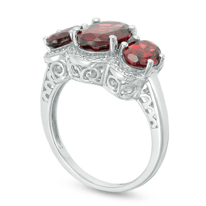 Oval Garnet and Natural Diamond Accent Three Stone Frame Ring in Sterling Silver Goldia Rings Oval Garnet and Natural Diamond Accent Three Stone Frame Ring in Sterling Silver Goldia Rings